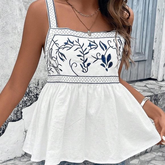 . Tops - White Boho Womens Floral Embroidery Peplum Cami Top
